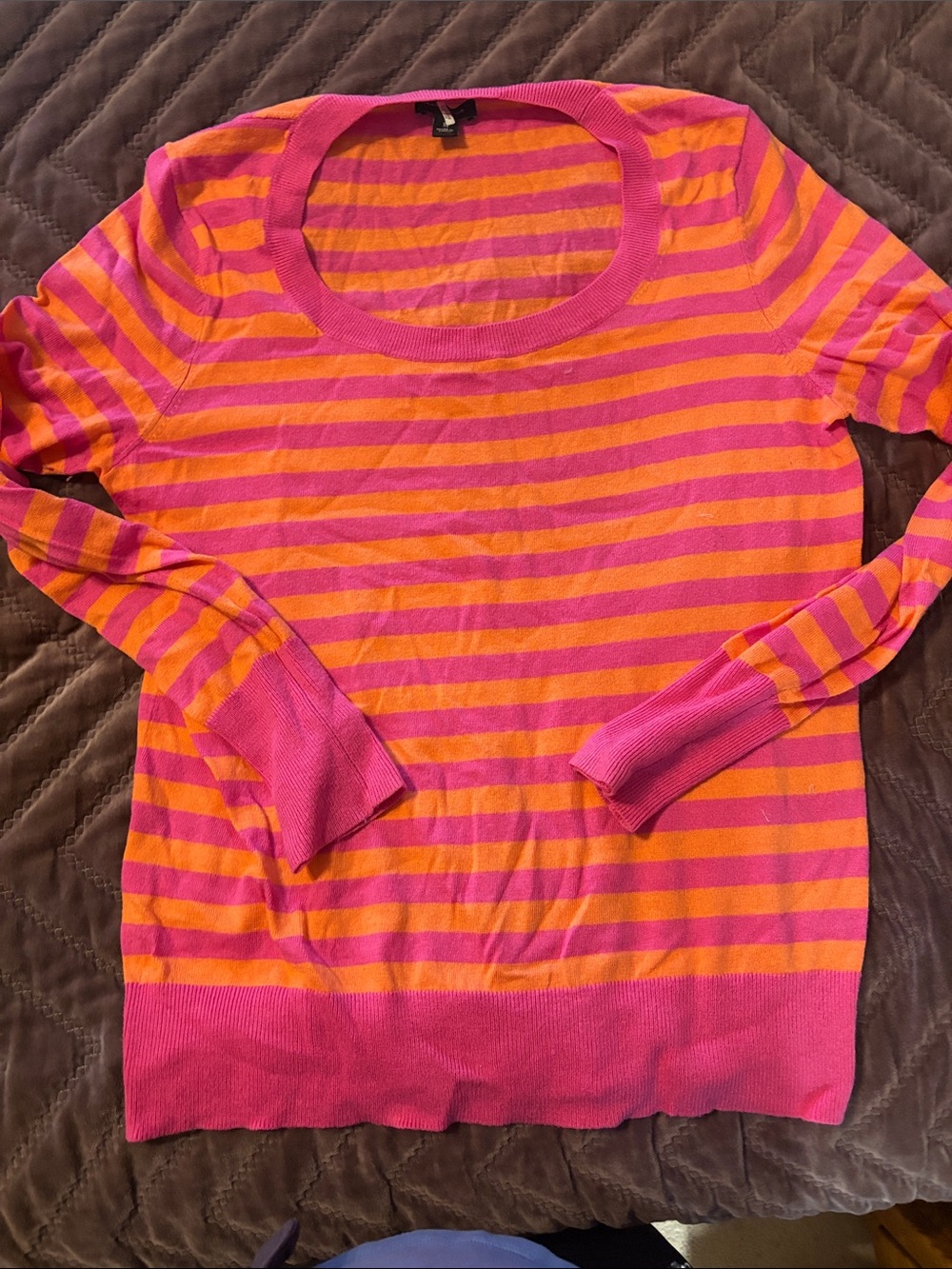 Ann Taylor VINTAGE Hot Pink & Orange Striped Scoop Neck Sweater